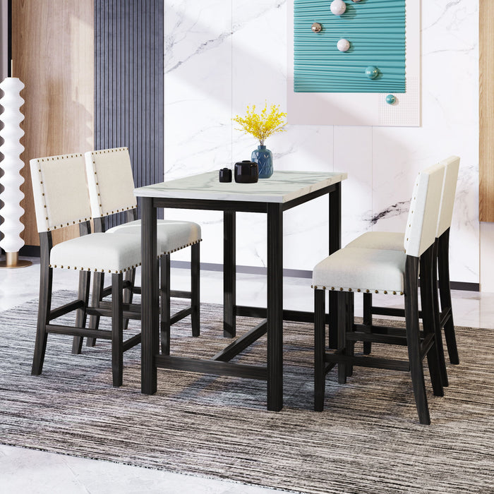 Topmax 5 Piece Rustic Wooden Counter Height Dining Table Set With 4 Upholstered Chairs For Small Places, Faux Marble Top + Black Body