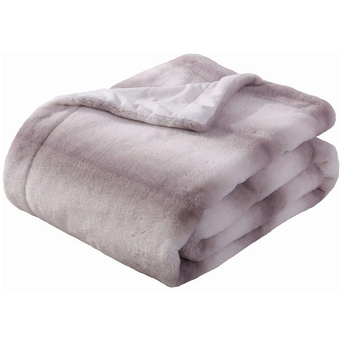 Printed Faux Rabbit Fur Throw, Lightweight Plush Cozy Soft Blanket, 50" X 60", Coffee Stripe