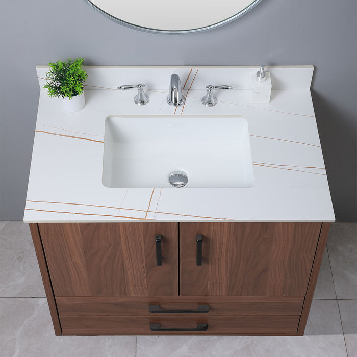 Montary 37" Bathroom Vanity Top Stone White Gold New Style Tops With Rectangle Undermount Ceramic Sink And Three Faucet Hole
