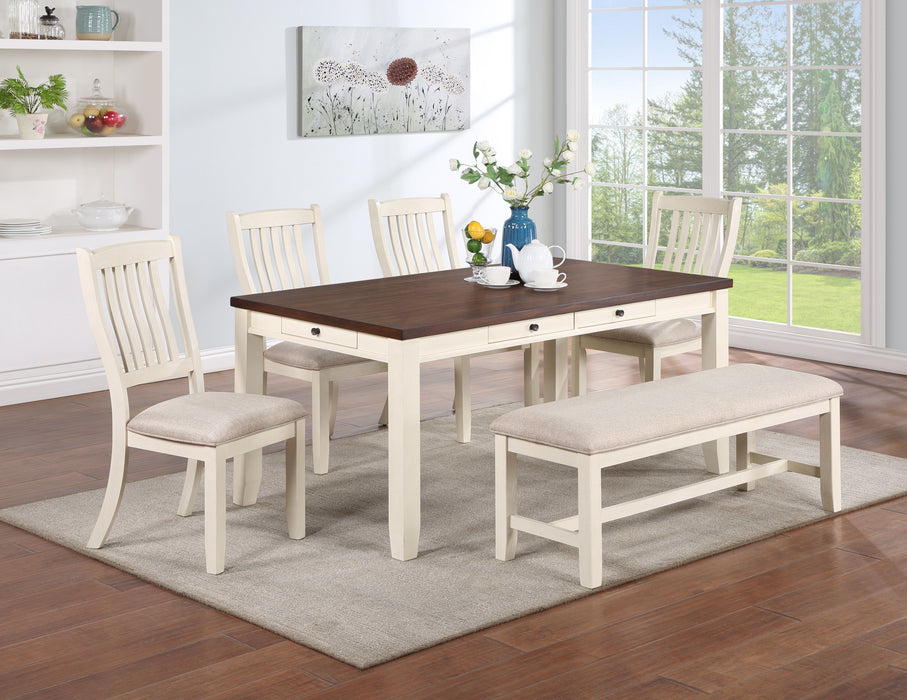 Luxury Look Dining Room Furniture 6 Pieces Dining Set Dining Table Drawers 4 Side Chairs 1 Bench White Rubberwood Walnut Acacia Veneer Slat Back Chair