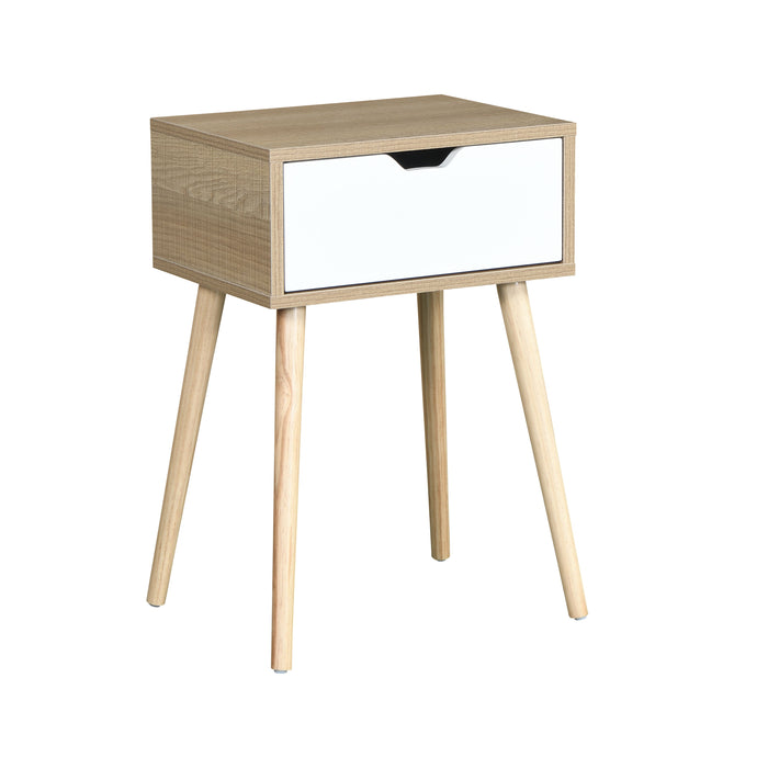 Side Table With 1 Drawer And Rubber Wood Legs, Mid - Century Modern Storage Cabinet For Bedroom Furniture - White With Solid Wood Color