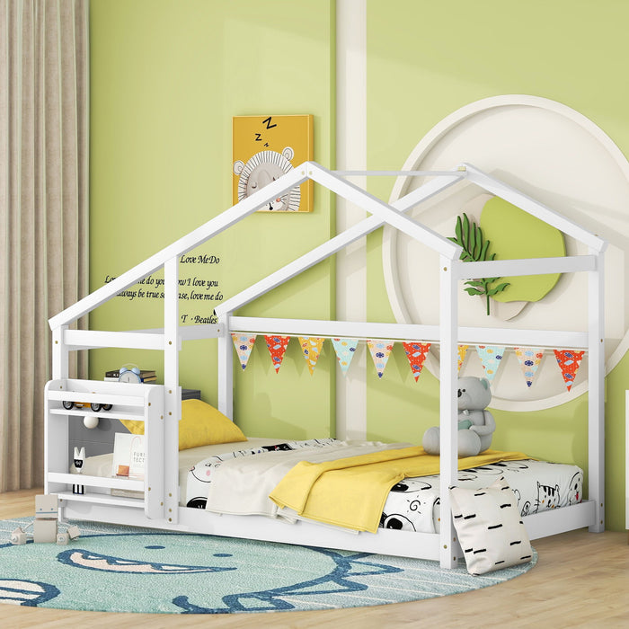 House Twin Bed With Shelf - White