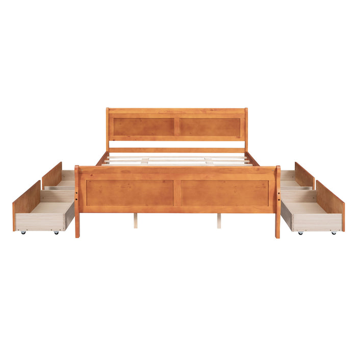 Queen Size Wood Platform Bed With 4 Drawers And Streamlined Headboard & Footboard, Oak