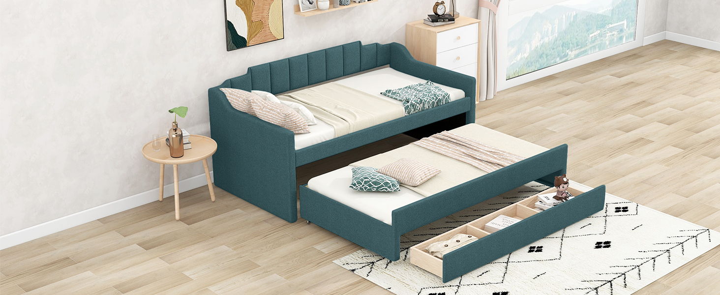 Twin Size Upholstered Daybed With Trundle And Three Drawers, Green