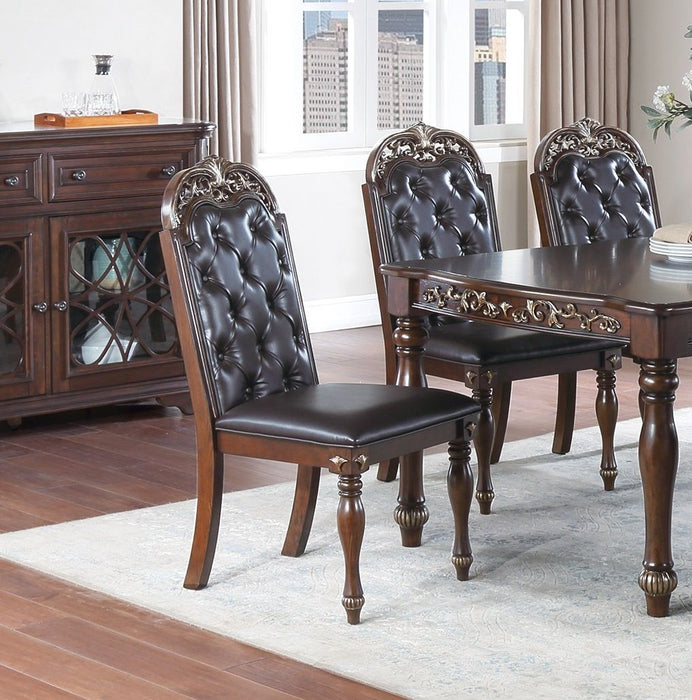 Traditional Formal Brown Finish 7 Pieces Dining Set Table With 6X Side Chairs Rubber Wood Intricate Design Tufted Back Cushion Seat Dining Room Furniture
