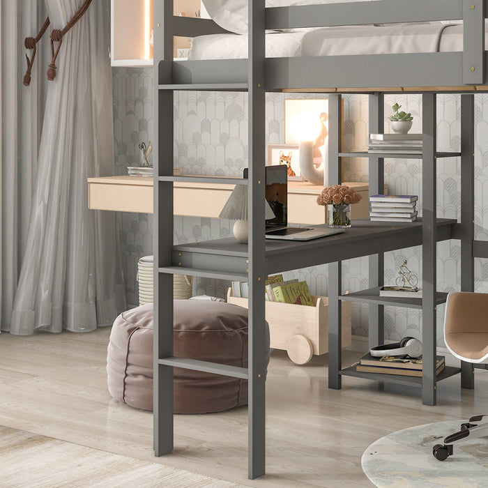 Full Loft Bed With Desk And Shelves - Gray
