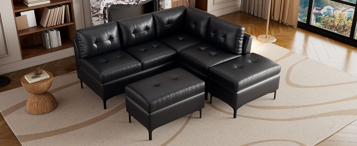 Shaped Corner Sofa PU Leather Sectional Sofa Couch With Movable Storage Ottomans For Living Room, Black
