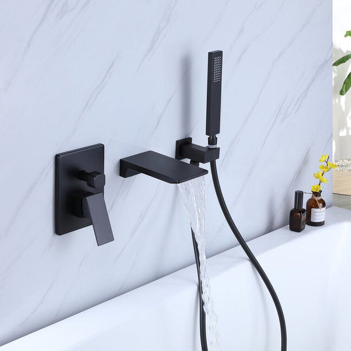 Bathtub Faucet Matte Black, Waterfall Wall Mount Tub Filler Faucet With Handheld Shower Brass, Waterfall Spout High Flow Wall Mount Tub Faucet