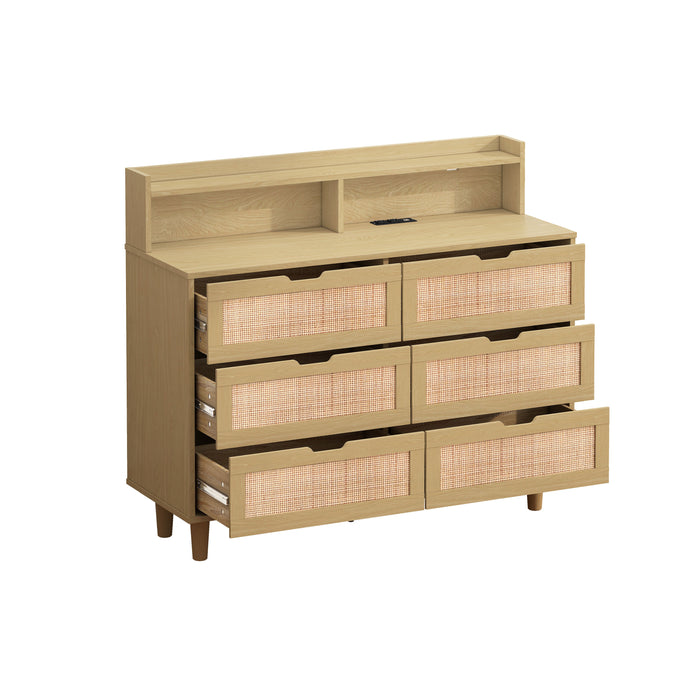 6-Drawers Rattan Storage Cabinet Rattan Drawer With LED Lights And Power Outlet, For Bedroom, Living Room, Natural