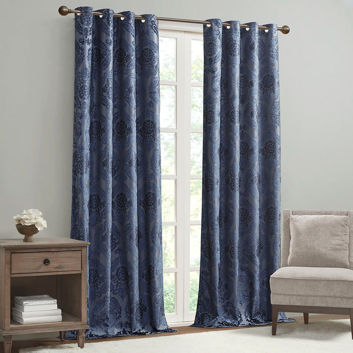 Knitted Jacquard Paisley Total Blackout Grommet Top Curtain Panel In Navy