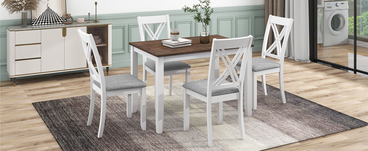 Topmax Rustic Minimalist Wood 5 Piece Dining Table Set With 4 X-Back Chairs For Small Places, White