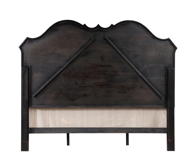 Acme Chelmsford Eastern King Bed, Beige Fabric & Antique Black Finish
