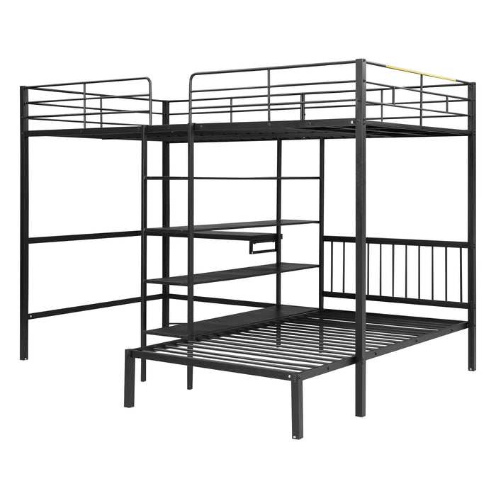 Full Over Twin Metal Bunk Bed With Built-In Desk, Shelves And Ladder, Black