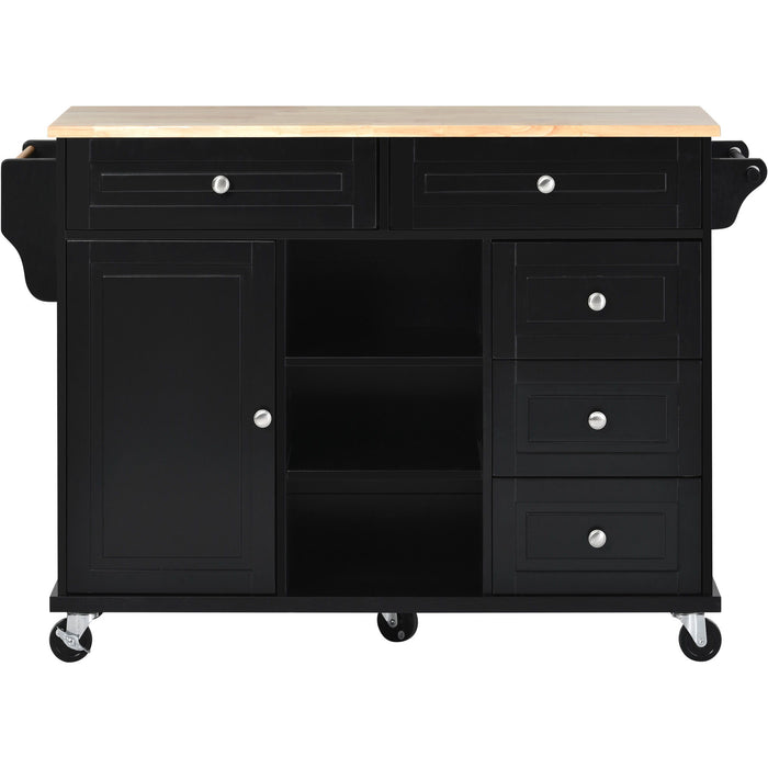 Kitchen Cart With Rubber Wood Desktop Rolling Mobile Kitchen Island With Storage And 5 Draws 53" Length (Black)