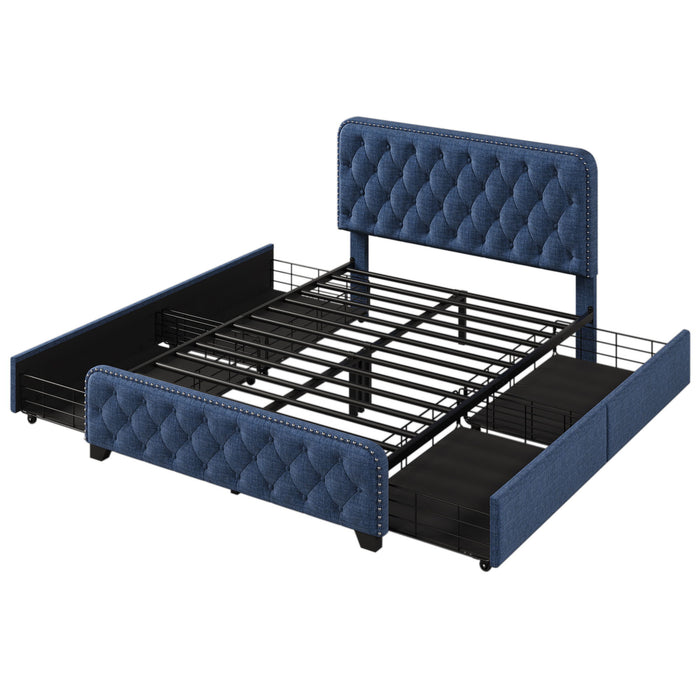 Upholstered Platform Bed Frame With Four Drawers, Button Tufted Headboard And Footboard Sturdy Metal Support, No Box Spring Required, Blue, Full