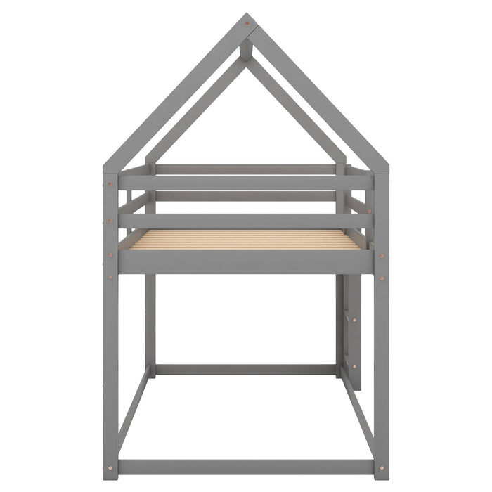 Twin Over Twin Low Bunk Bed, House Bed With Ladder, Gray