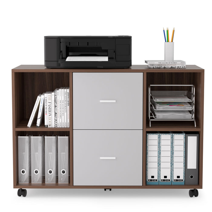 Mobile Lateral Filing Cabinet With 2 Drawers And 4 Open Storage Cabinets, For Home Office, Walnut - Light Gray