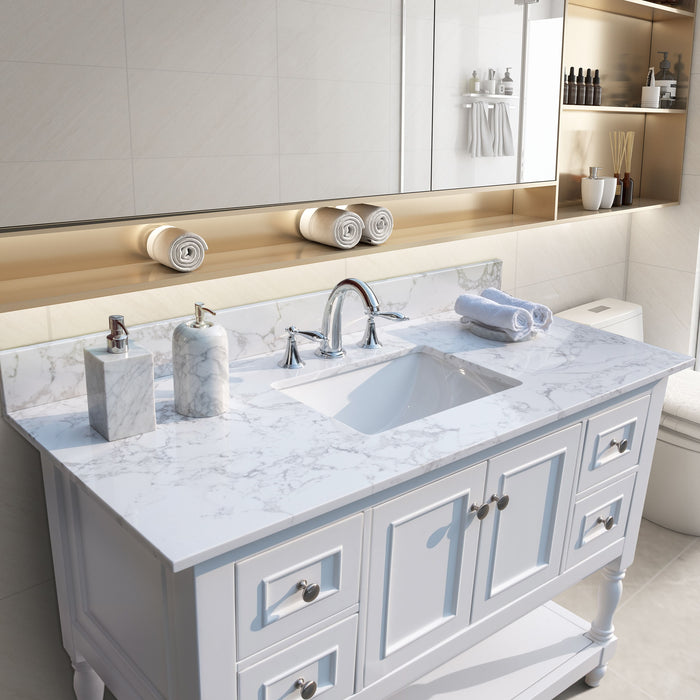 Montary 43" X22" Bathroom Stone Vanity Top Engineered Stone Carrara White Marble Color With Rectangle Undermount Ceramic Sink And 3 Faucet Hole With Back Splash .