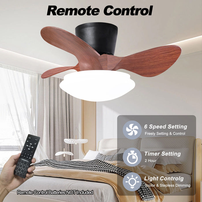 24'' Walnut Small Ceiling Fan With Lights And Remote Led 18W Modern Flush Mount Ceiling Fan Adjustable Color, Dc Quiet Motor Low Profile Ceiling Fan For Bedroom Kitchen Dining Patio, Fcc