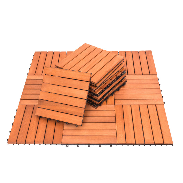 Outdoor Patio 6 Slat Eucalyptus Interlocking Deck Tile (Set of 10 Tiles)