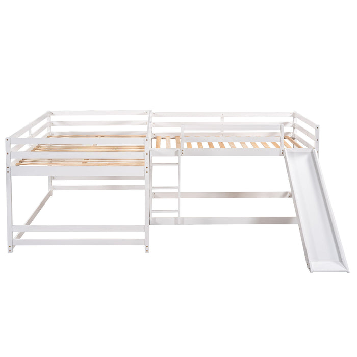 Full And Twin Size Shaped Bunk Bed With Slide And Short Ladder, White