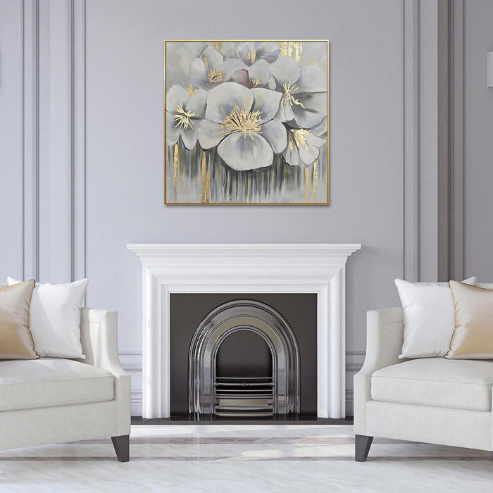 Home Hand Painted"Golden Anther Blossoms" Oil Painting - White / Gold