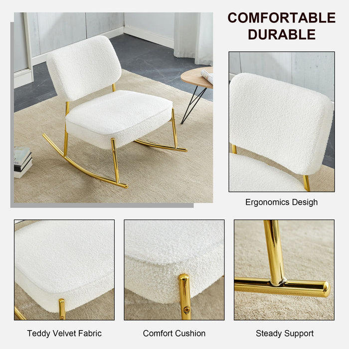 Teddy Suede Material Cushioned Rocking Chair, Unique Rocking Chair, Cushioned Seat, White Rocking Chair With Backrest And Golden Metal Legs Comfortable Side Chairs In Living Room, Bedroom, Office