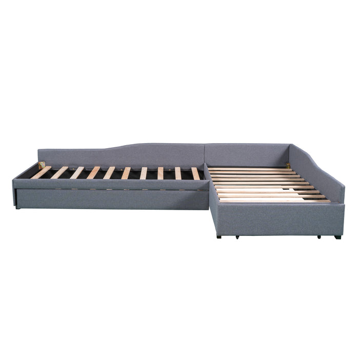 Upholstered Double Twin Size Daybed With Trundle And Drawer, Gray