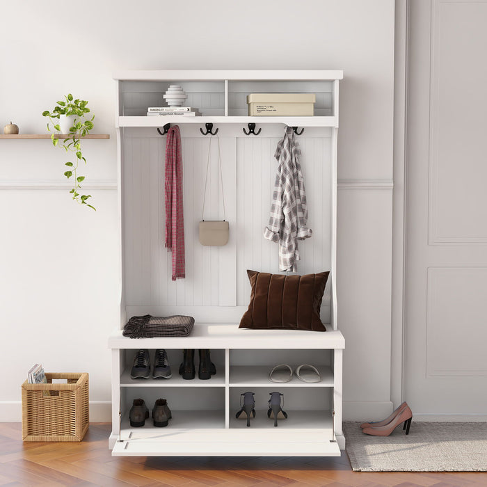 Entryway Hall Tree With Coat Rack 4 Hooks And Storage Bench Shoe Cabinet - White