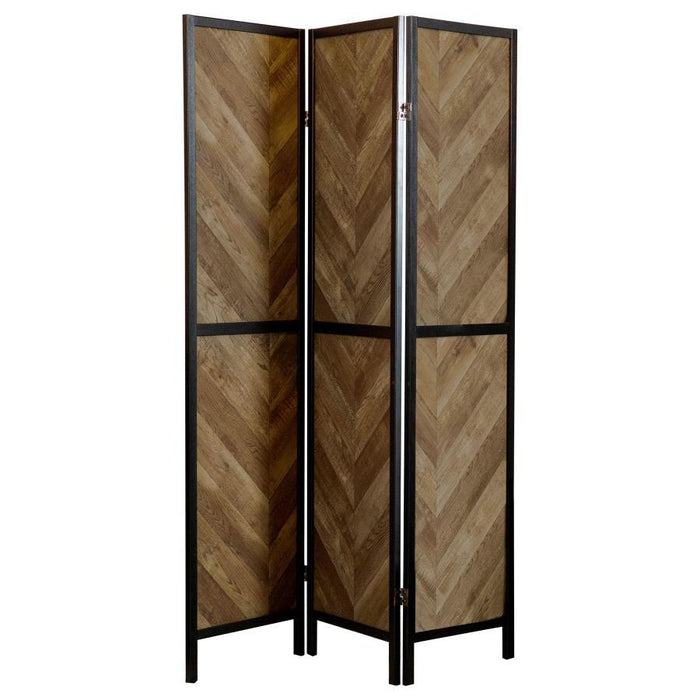 Marlene - Herringbone Pattern 3-Panel Screen - Rustic Tobacco And Black Unique Piece Furniture