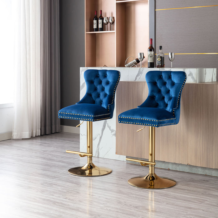 Swivel Bar Stools Chair (Set of 2) Modern Adjustable Counter Height Bar Stools, Velvet Upholstered Stool With Tufted High Back & Ring Pull For Kitchen, Chrome Golden Base - Blue