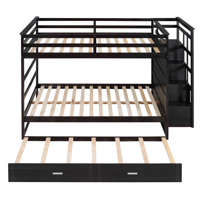Full Over Full Bunk Bed With Twin Size Trundle And Staircase, Espresso