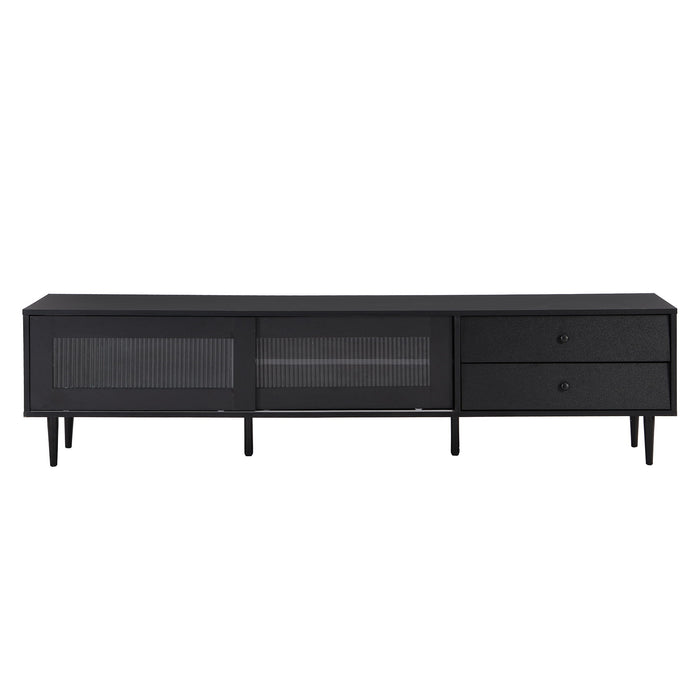 On-Trend Chic Elegant Design TV Stand With Sliding Fluted Glass Doors, Slanted Drawers Media Console For Tvs Up To 75", Modern TV Cabinet With Ample Storage Space, Black