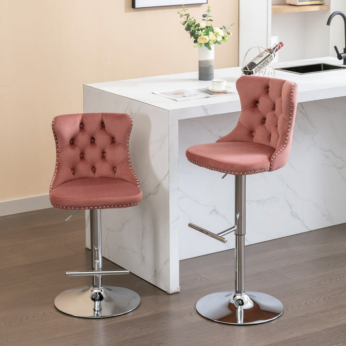 Swivel Velvet Barstools Adjusatble Seat Height From 25-33", Modern Upholstered Chrome Base Bar Stools With Backs Comfortable Tufted For Home Pub And Kitchen Island, Pink, (Set of 2)
