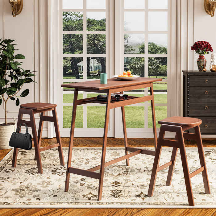 3 Pieces Pub Dining Set Retro Bar Table Rubber Wood Stackable Backless High Stool For 2 With Shelf And Hooks For Home Bar Small Space