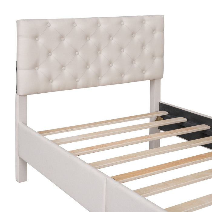 Upholstered Linen Platform Bed, Twin Size, Beige