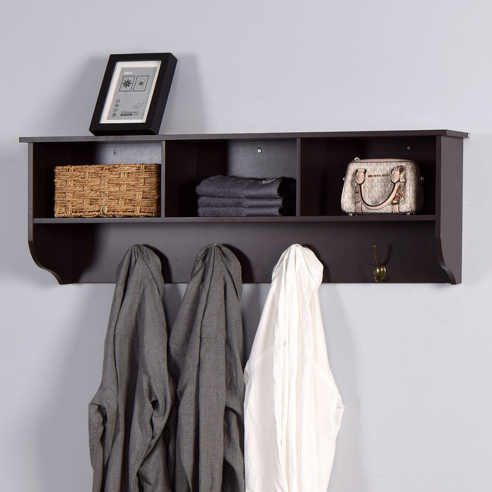 Espresso Entryway Wall Mounted Coat Rack With 4 Dual Hooks Living Room Wooden Storage Shelf