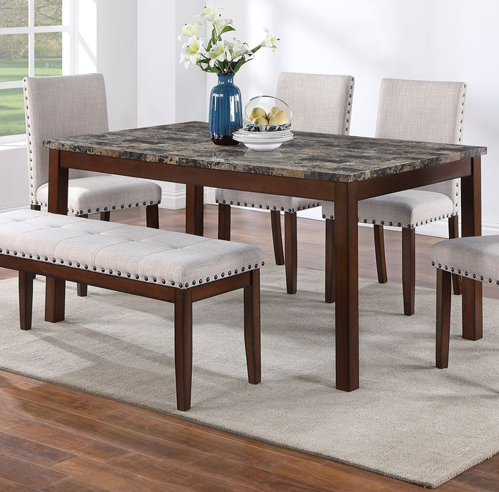 Dining Room Furniture Modern 6 Pieces Set Dining Table 4X Side Chairs And A Bench Beige Polyfiber Rubberwood Nailheads Faux Marble Top