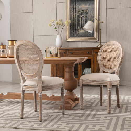 Hengming Upholstered Fabrice With Rattan Back French Dining Chair With Rubber Legs, (Set of 2) - Beige