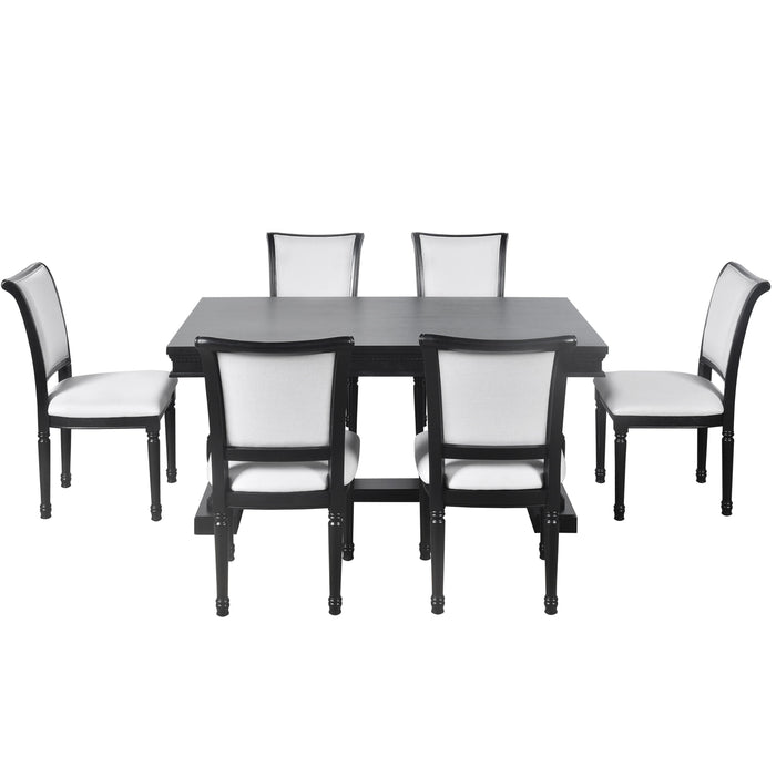 Trexm 7 Piece Dining Table With 4 Trestle Base And 6 Upholstered Chairs With Slightly Curve And Ergonomic Seat Back (Black)