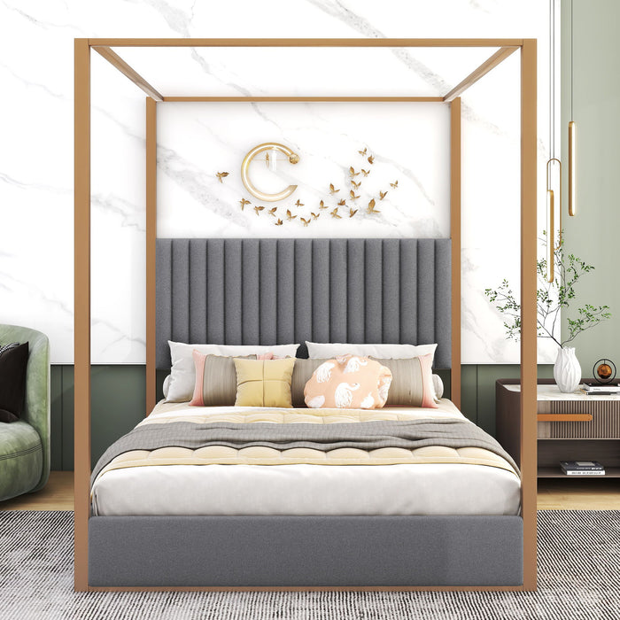 Queen Size Upholstery Canopy Platform Bed With Headboard And Metal Frame, Gray