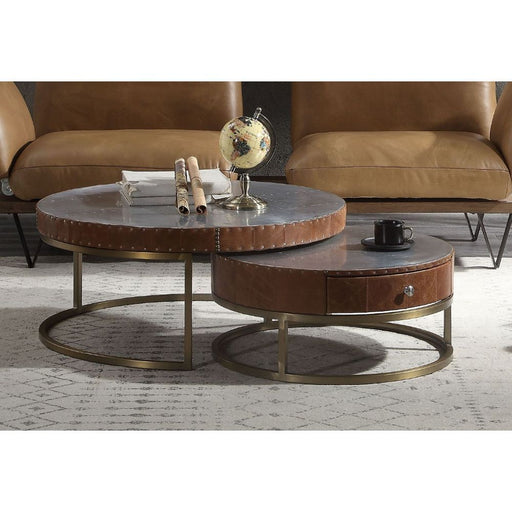 Tamas - Coffee Table - Aluminum & Cocoa Top Grain Leather - 16" Unique Piece Furniture