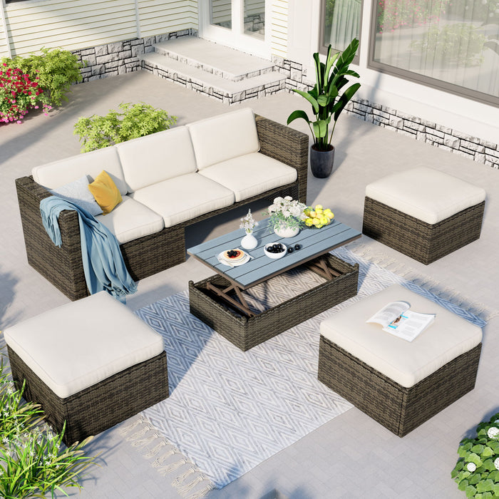 U_Style Patio Furniture Sets, 5 Piece Patio Wicker Sofa With Adustable Backrest, Cushions, Ottomans And Lift Top Coffee Table - Beige