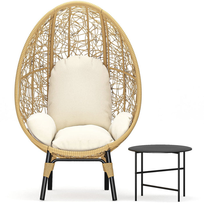 Patio PE Wicker Egg Chair Model 3 With Natural Color Rattan Beige Cushion And Side Table