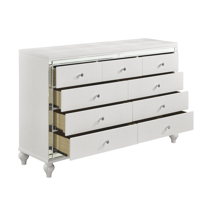 Glamorous Metallic White Finish Dresser Of 9X Drawers Faux Crystal Knobs Modern Bedroom Furniture