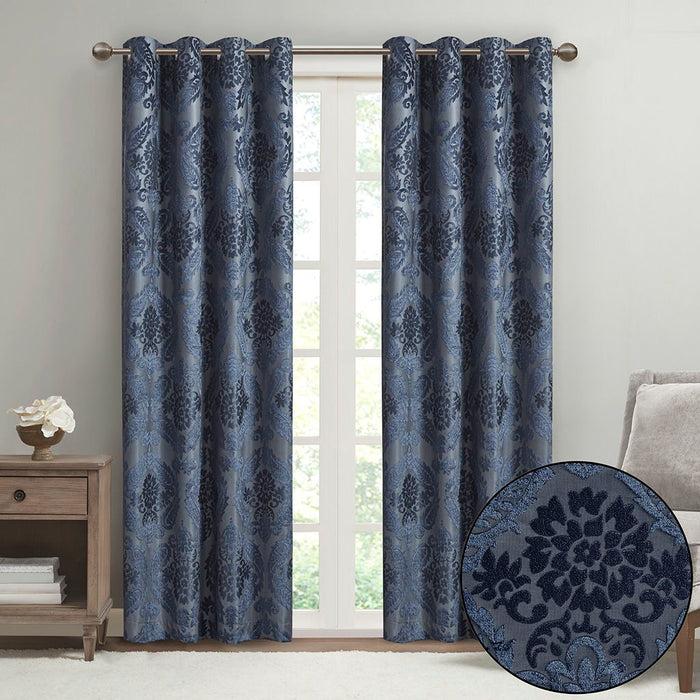 Knitted Jacquard Paisley Total Blackout Grommet Top Curtain Panel, Navy