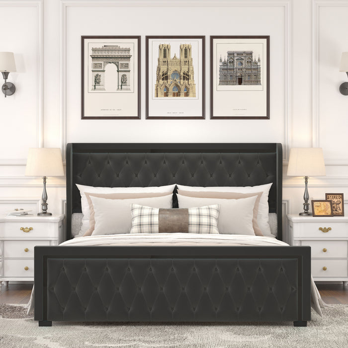 Queen Platform Bed Frame With High Headboard, Velvet Upholstered Bed With Deep Tufted Buttons, Adjustable Colorful Led Light Decorative Headboard, Wide Wingbacks, Black