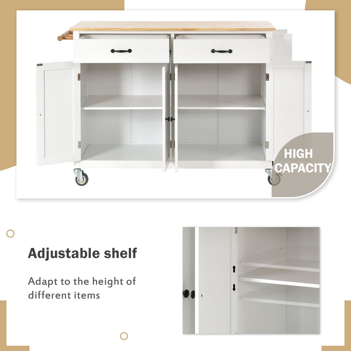 Kitchen Island Cart With Solid Wood Top And Locking Wheels, 54. 3 Inch Width, 4 Door Cabinet And Two Drawers, Spice Rack, Towel Rack (White)