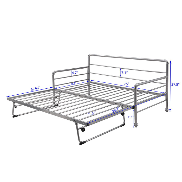 Twin Size Daybed With Adjustable Trundle, Pop Up Trundle - Silver