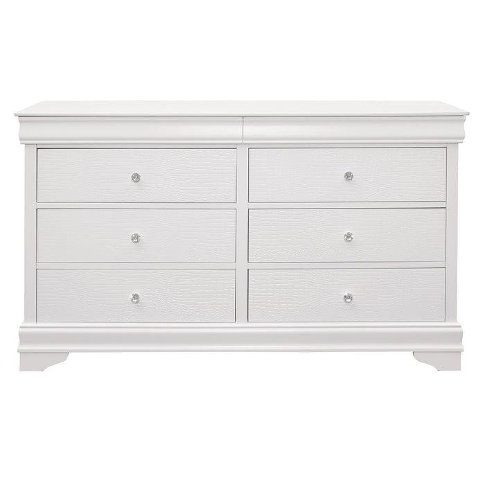 Traditional Design Bedroom Furniture 1 Piece Dresser Of 6 Drawers Faux Alligator Embossed Fronts White Finish Wooden Furniture